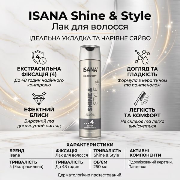 Лак для волосся Isana Hair Spray Shine & Style 4, 250 мл 000007159 фото