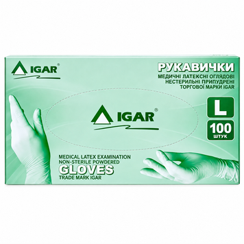 Рукавички латексні Igar оглядові нестерильні опудрені L 50 пар.  000002686 фото