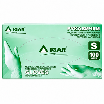 Рукавички латексні Igar оглядові нестерильні опудрені S 50 пар.  000002688 фото
