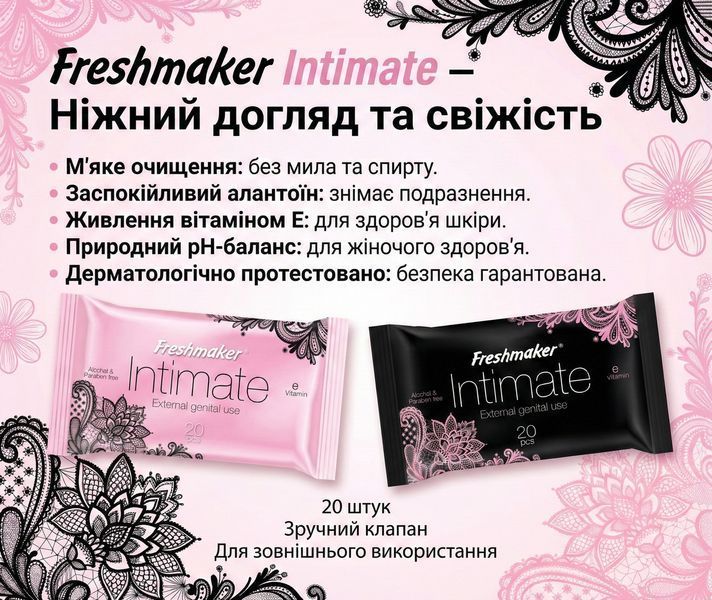 Вологі серветки для інтимної гігієни Freshmaker Intimate 20 шт. Інтимні серветки 000006367 фото