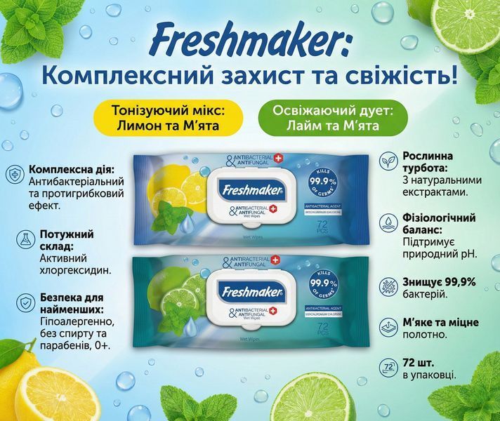 Вологі серветки антибактеріальні Freshmaker Antibacterial and Antifungal 72 шт. Гігієнічні серветки для рук та тіла 000006378 фото