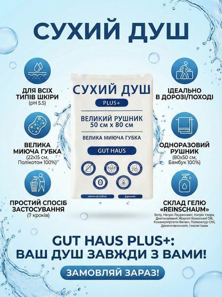 Сухий душ, рушник та губка-рукавиця Gut Haus Plus+ Засіб для гігієни в польових умовах 000006476 фото