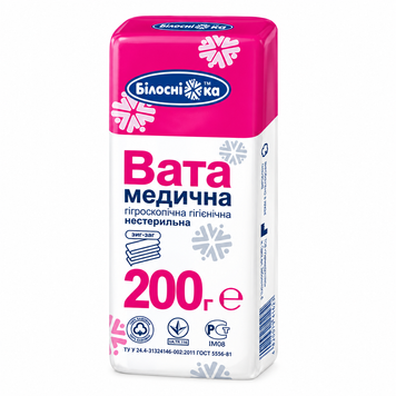 Вата гігроскопічна нестерильна зигзаг Білосніжка 200 г. 000002773 фото