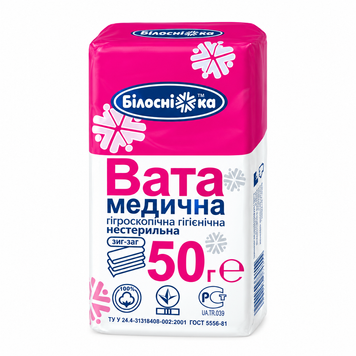 Вата гігроскопічна нестерильна зигзаг Білосніжка 50 г. 000002774 фото