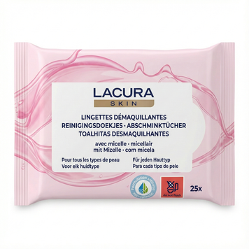Мицеллярные влажные салфетки для снятия макияжа Lacura Skin для всех типов кожи 25 шт. 000006776 фото