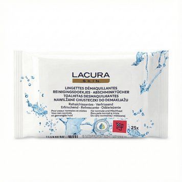 Міцелярні вологі серветки для зняття макіяжу Lacura Skin для нормальної шкіри 25 шт. Косметичні серветки 000006775 фото
